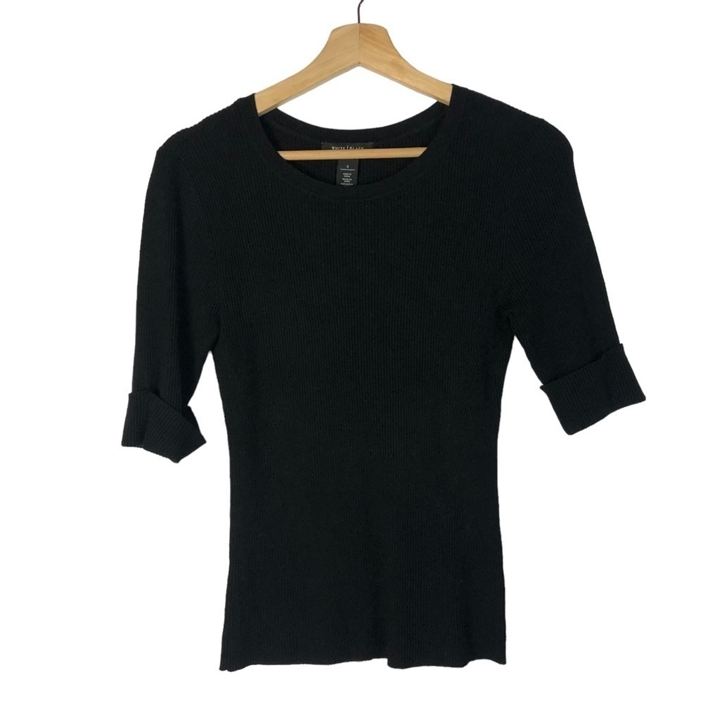 White House Black Market WHBM Black Ribbed Half Sleeve Knit‎ Top S